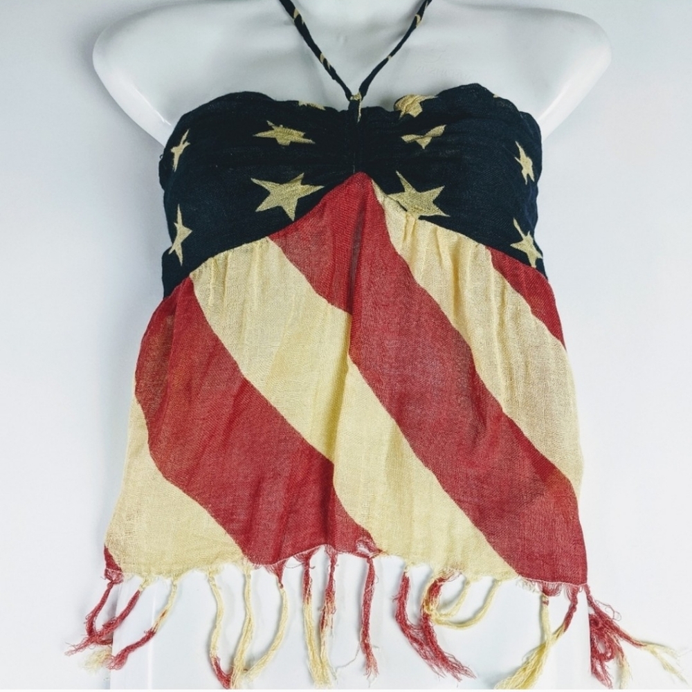 Denim & Supply Ralph Lauren Large American Flag Halter Top Fringe Cropped